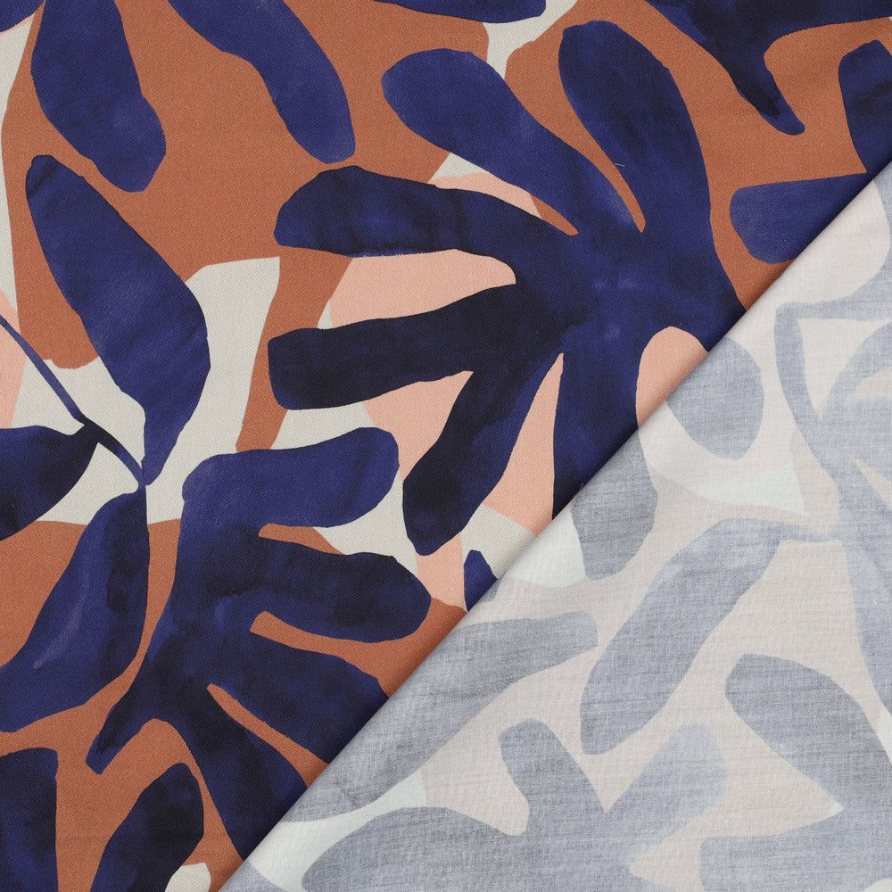 COTTON SATIN DIGITAL LEAVES BLUE