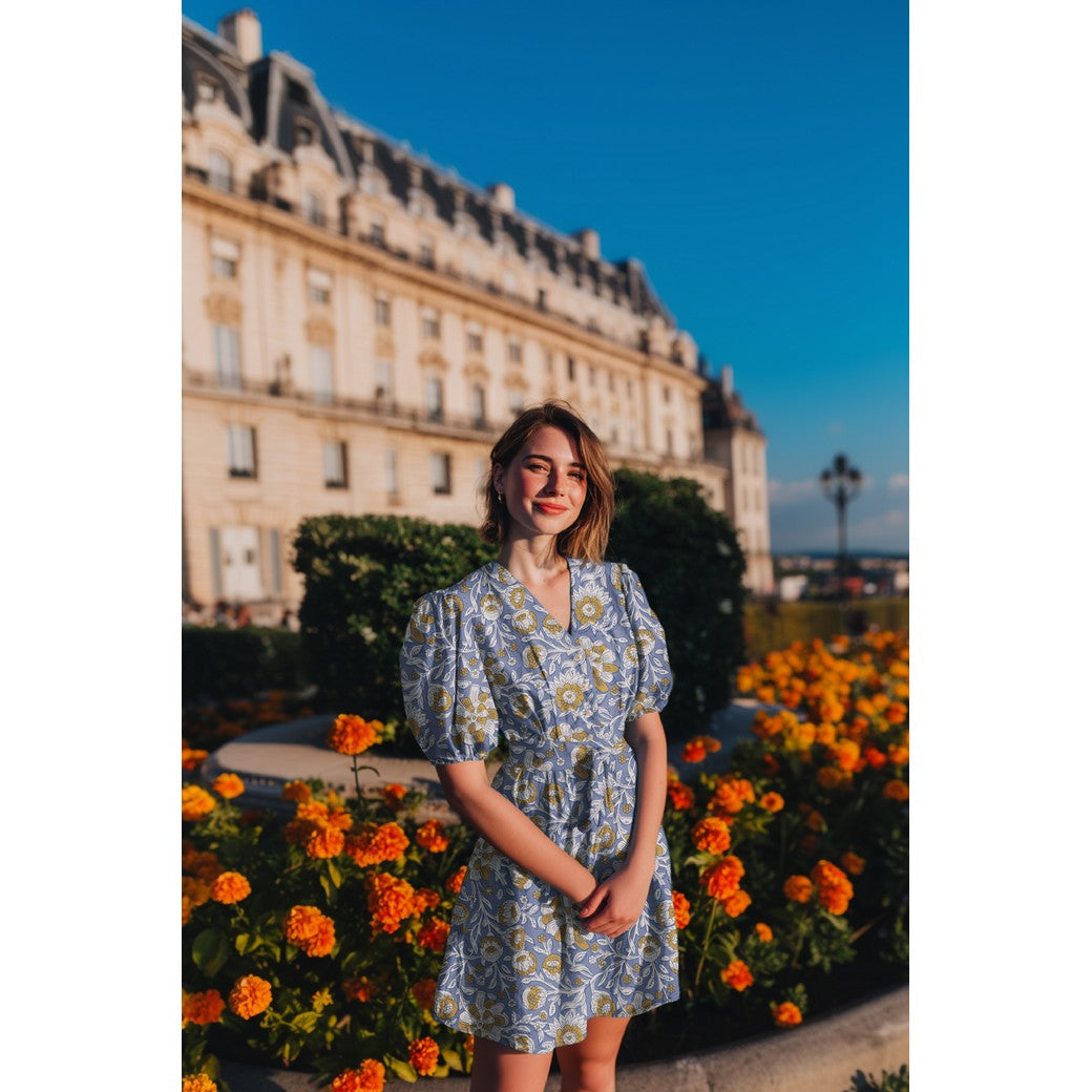 HANDCRAFTED BLOCK-PRINTED COTTON FLOWERS BLUE