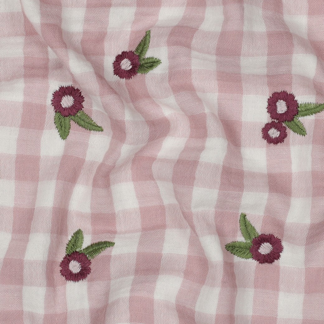 DOUBLE GAUZE CHECKS EMBROIDERY FLOWERS