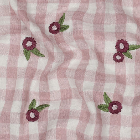 DOUBLE GAUZE CHECKS EMBROIDERY FLOWERS