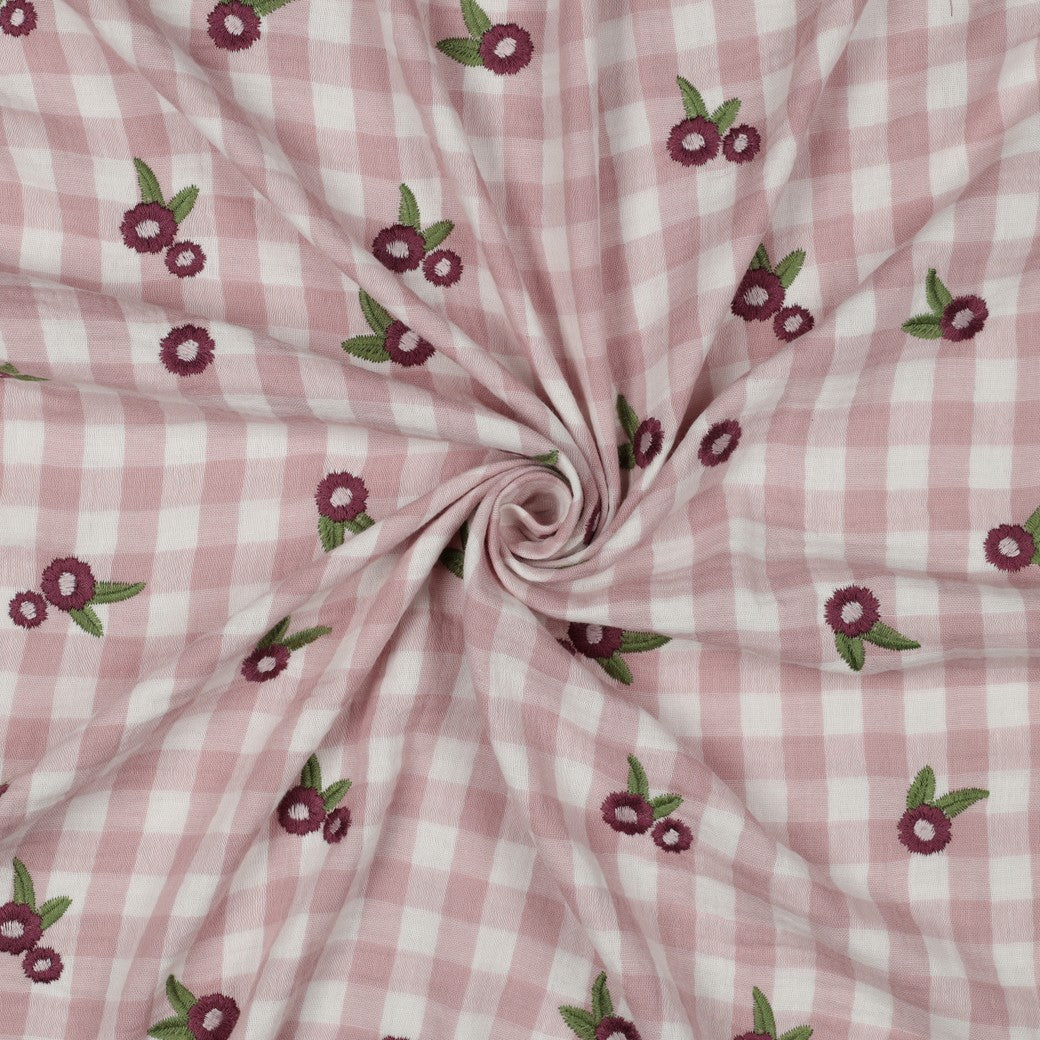 DOUBLE GAUZE CHECKS EMBROIDERY FLOWERS