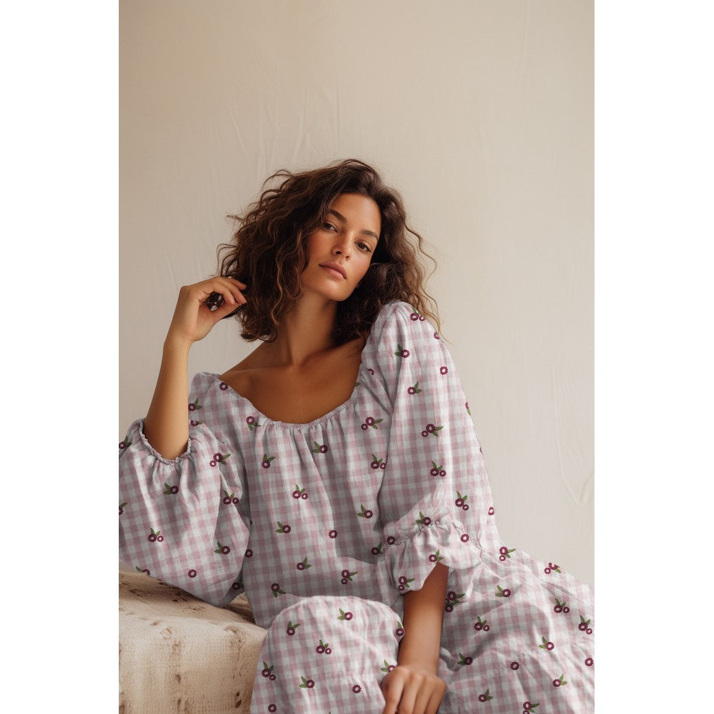 DOUBLE GAUZE CHECKS EMBROIDERY FLOWERS