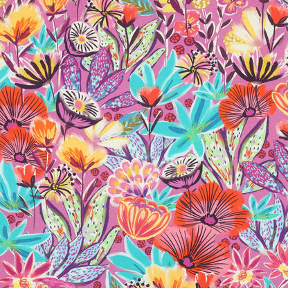 FINE POPLIN DIGITAL FLOWERS - FUCHSIA