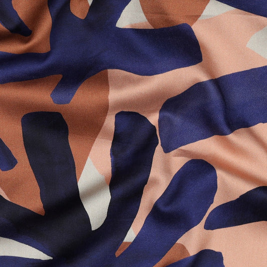 COTTON SATIN DIGITAL LEAVES BLUE