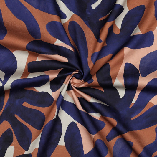 COTTON SATIN DIGITAL LEAVES BLUE