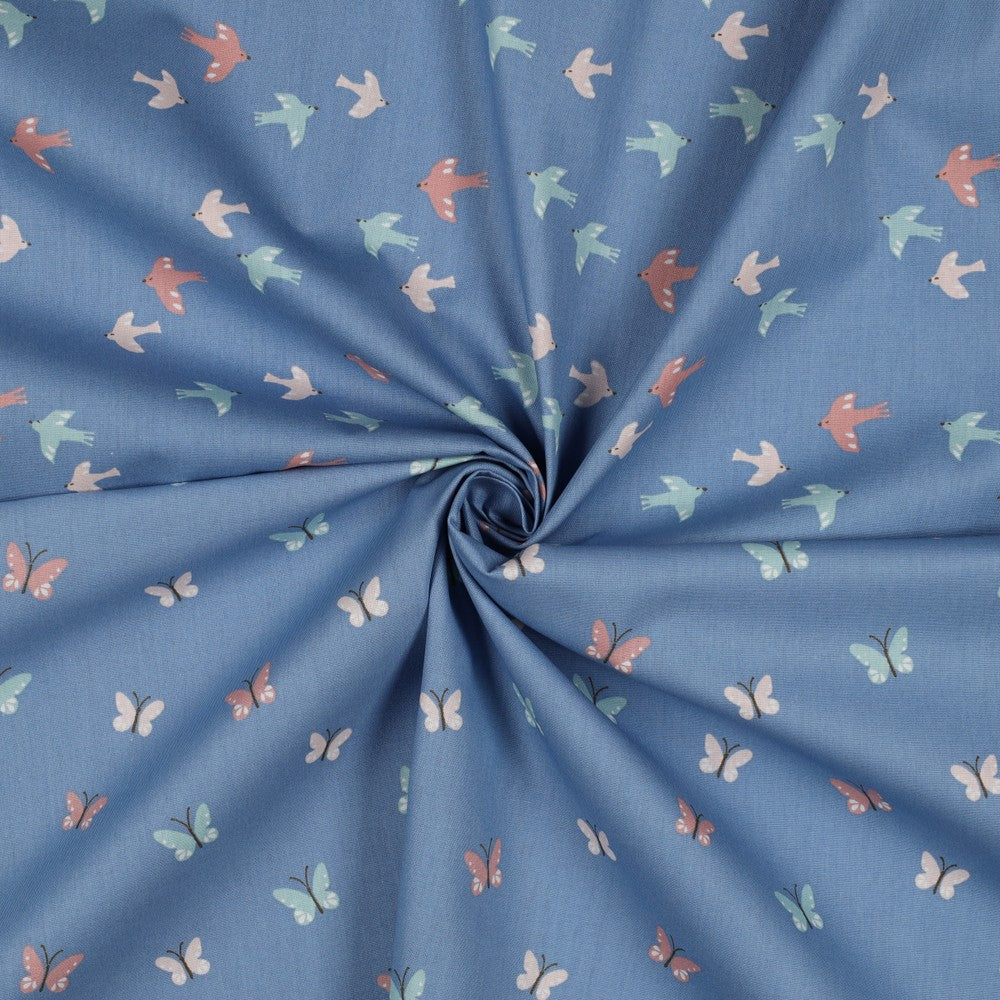POPLIN GOTS BIRDS AND BUTTERFLIES - BLUE