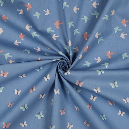 POPLIN GOTS BIRDS AND BUTTERFLIES - BLUE