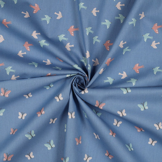 POPLIN GOTS BIRDS AND BUTTERFLIES - BLUE
