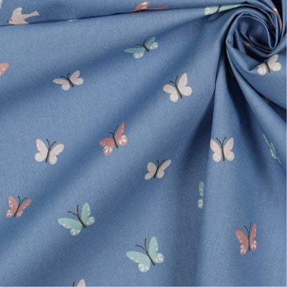 POPLIN GOTS BIRDS AND BUTTERFLIES - BLUE