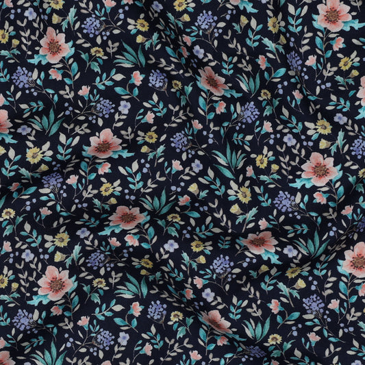 FINE POPLIN DIGITAL FLOWERS - NAVY