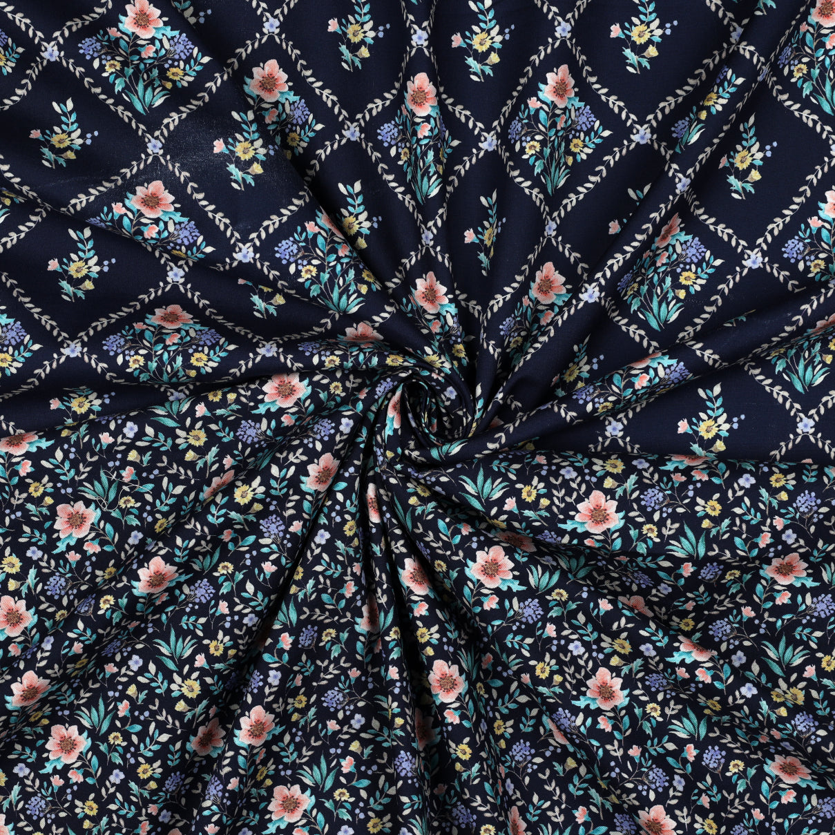 FINE POPLIN DIGITAL FLOWERS - NAVY