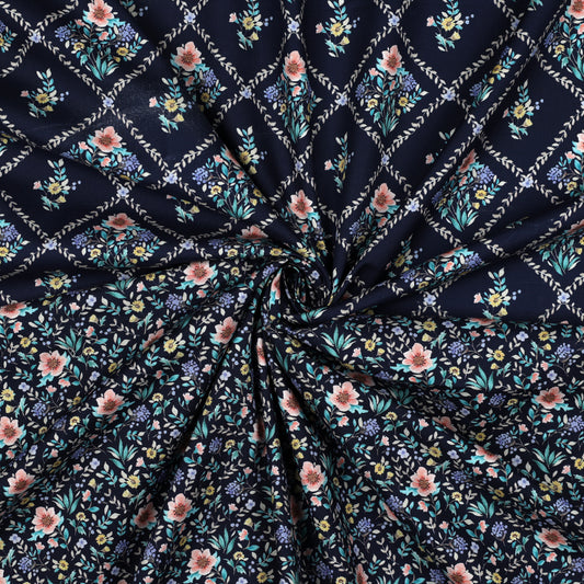 FINE POPLIN DIGITAL FLOWERS - NAVY