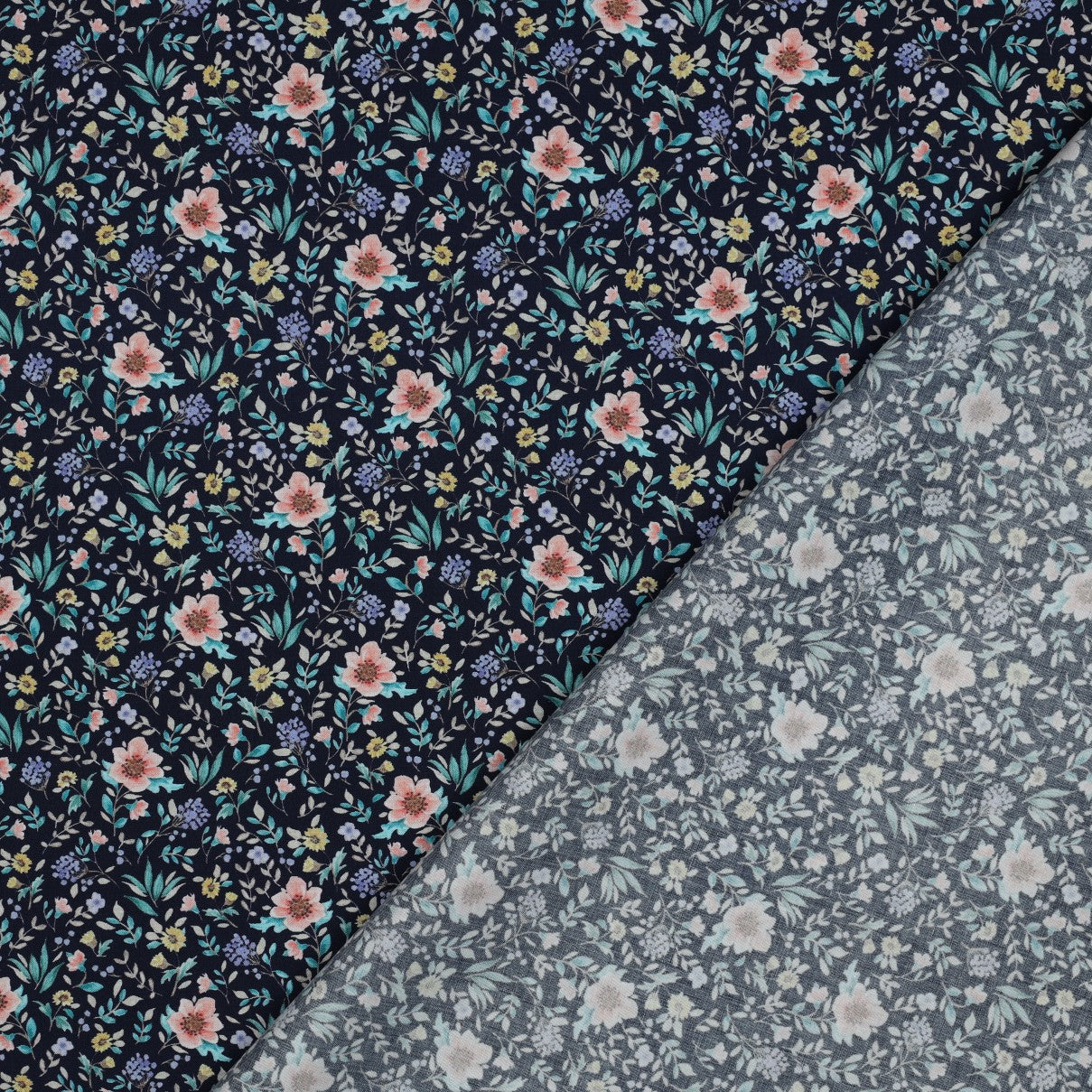 FINE POPLIN DIGITAL FLOWERS - NAVY