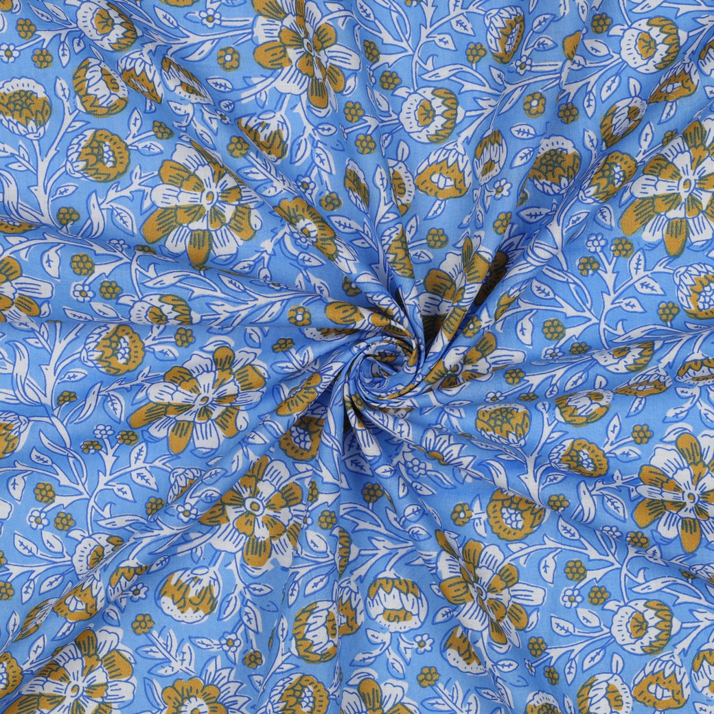 HANDCRAFTED BLOCK-PRINTED COTTON FLOWERS BLUE