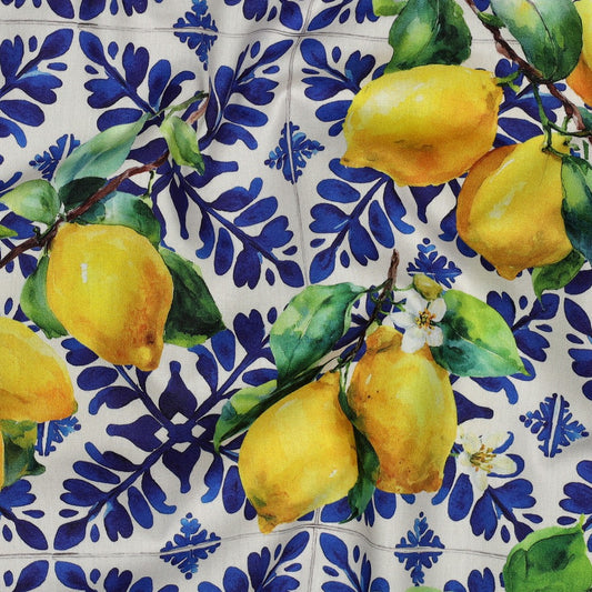 COTTON VISCOSE DIGITAL LEMONS - BLUE