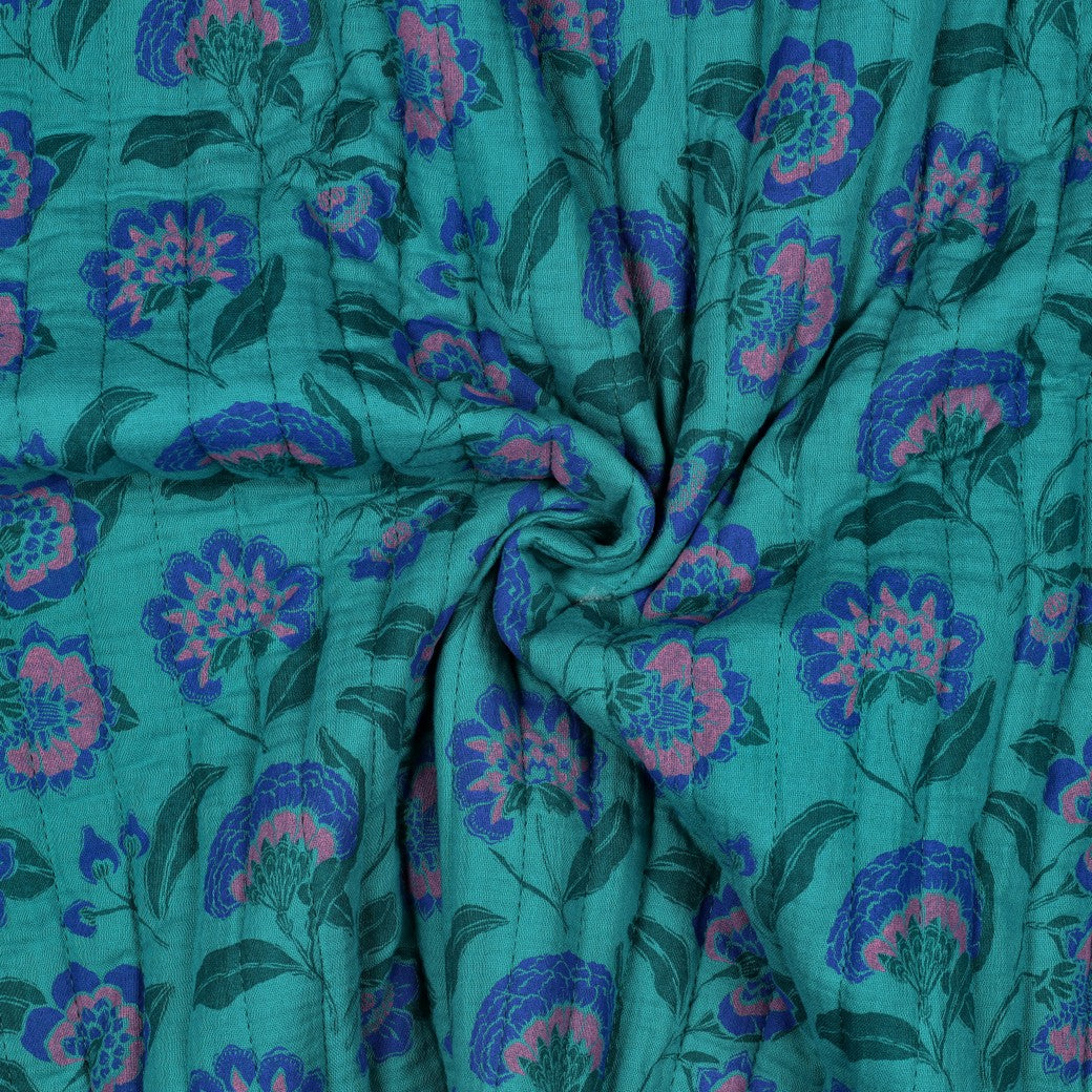 DOUBLE GAUZE STEPPED FLOWERS - PETROL